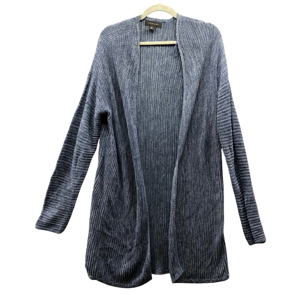 Tahari Linen Blend Duster Cardigan Womens XL Blue Heather Open Front Knit Chunky